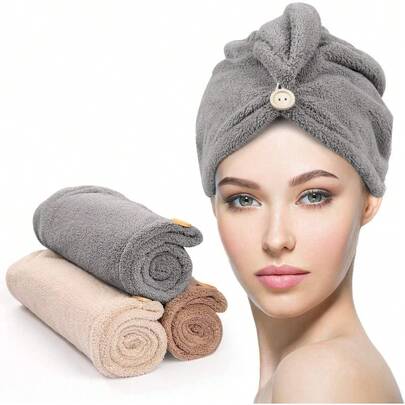 YFONG 3pcs Hair Drying Towel Set, Button Closure Hair Towel, Super Absorbent Microfiber Hair Drying Towel, Suitable For Curly Hair, Women And Girls, Quick Dry Towel, Ultra-Fine Fiber Towel