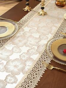 Camino de mesa de jacquard liso 100% poliéster estilo vintage francés de granja con ribete de encaje floral de volutas huecas en forma de abanico, bufanda de mesa con borlas para mesa de desayuno nupcial, decoración rústica de cocina de cabaña - Caqui - Ver 12