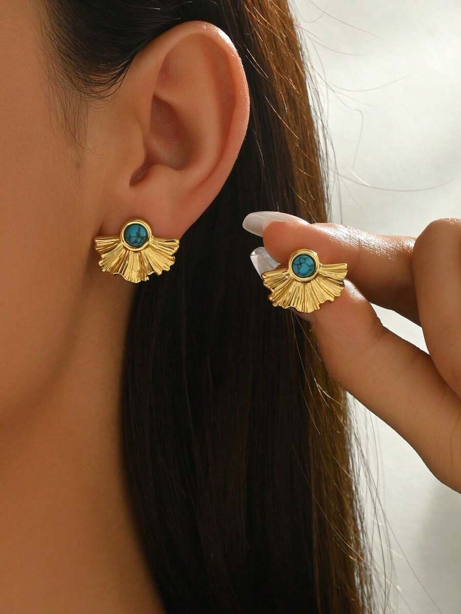 1 Pair Vintage Unique Fan-Shaped Earrings, Dazzling Luxurious Material, Delicate Fan Texture, Paired With Alluring Turquoise, Minimalist Yet Fashionable - Earring - View 1
