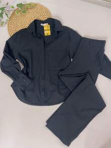Linen Set With Three-Quarter Sleeves And High-Waisted Pants With Elastic Waistband | Lightweight Fabric - 黑色 - 查看 2