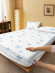 1pc Light Blue Bow Pattern Fitted Bedsheet, Dust Cover, Valentine's Day Bedspread, Suitable For All Bed Sizes - Twin, Full, Queen, Soft & Breathable, Fits Mattress Up To 11.8 Inches - Baby Blue - View 2