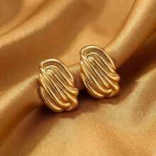 金色波浪纹耳环，可爱复古不规则形状耳钉，适合女性和年轻女孩佩戴 - 金色 - 查看 1