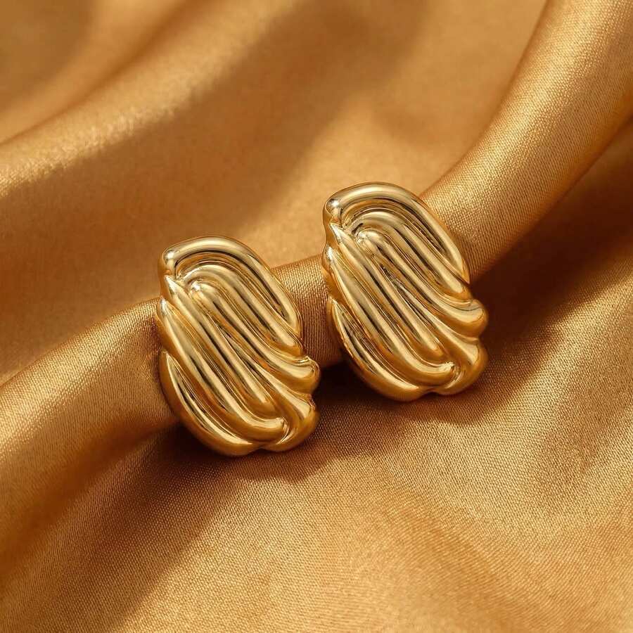 金色波浪纹耳环，可爱复古不规则形状耳钉，适合女性和年轻女孩佩戴 - 金色 - 查看 1