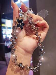 水晶花朵吊坠油滴手机链，独特高端女士手机壳挂饰，串珠手链，时尚短款腕带，户外旅行购物防丢手机挂绳 - 彩色 - 查看 12