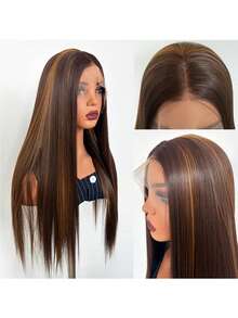 13X4蕾丝前假发，渐变金棕色长直合成发，耐热纤维，柔软预拔毛造型，适合日常、派对及各种场合。 - 彩色 - 查看 1