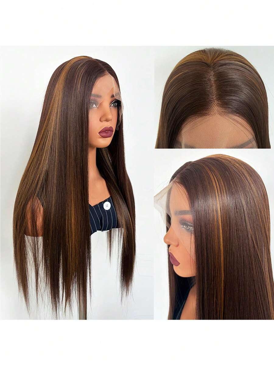 13X4蕾丝前假发，渐变金棕色长直合成发，耐热纤维，柔软预拔毛造型，适合日常、派对及各种场合。 - 彩色 - 查看 1