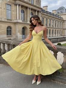 Women's Solid Color Side Splice Ruched Bust Sexy Elegant Elegant Fashion Vacation Wedding Party Spaghetti Strap Plus Size Dress Summer - Yellow - View 4