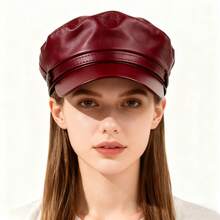 1顶女士黑色平顶贝雷帽，秋冬季百搭PU皮画家帽，南瓜帽 - 彩色 - 查看 8