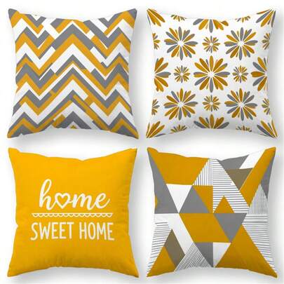 4件套现代几何方形抱枕套，抽象黄灰白几何图案，温馨家园印花，拉链封口，乔迁礼物，适用于沙发、床、客厅、家居装饰，不含枕芯
