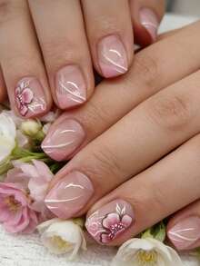 24片装短款方形优雅别致粉色百合花、波点、渐变裸色亮面人造指甲，时尚百搭，适合约会、派对、春夏秋冬日常佩戴，可卸式按压美甲套装，包含果冻胶和指甲锉，果冻胶颜色随机。 - 西瓜粉 - 查看 1