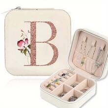 2026 Best-Selling Classic False Leather Jewelry Box With Zipper Closure - Waterproof And Lightweight, Suitable For Travel, Featuring A 26-Letter Floral Design, Detachable Necklace Display Stand And Compartments For Rings And Earrings - Elegant Jewelry Gift For Women, Decorative Lid, Storage Solution, Jewelry Box - A - Xem 5