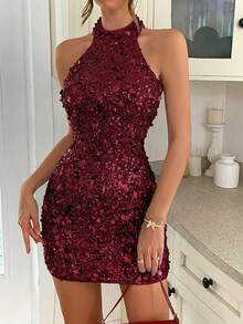 Đầm sequin không tay gợi cảm dành cho nữ của Unadoll, thích hợp cho các buổi tiệc cocktail, lễ hội âm nhạc, tiệc tùng, sự kiện, sinh nhật, ngày Valentine và các dịp khác. - Màu Đỏ Sâu - Xem 1