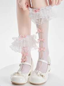 1 Pair Women's Lace Bow Knee High Socks, Cute & Sweet Lolita Style Mid-Calf Socks, Plus Size - White - View 2