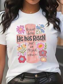 Women's Easter Print Plus Size Crew Neck T-Shirt With Cross And Floral Design He Has Risen Bible Verse Matthew 28 6 Easter Christian Spring Casual Wear,Women's T-Shirts, Women's Easter T-Shirts, Made Of Low-Elasticity Pure Cotton Fabric, Comfortable To Wear, Suitable For Spring, Summer, Autumn And Winter, And The Best Choice For Gifts (S-4XL). - White - View 7