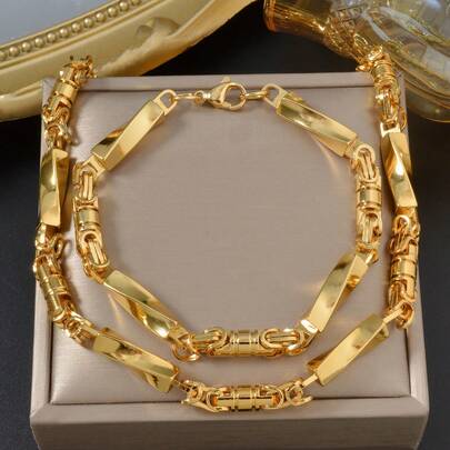 1件/套 个性化18K镀金不锈钢几何竹节项链和手链套装，适合休闲、街头服饰、嘻哈、舞台、派对、音乐节等场合