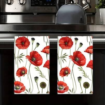 2pcs Red Poppy Flower Kitchen Towels, Best Towels For Cooking, Baking, Dish Washing, Super Soft & Highly Absorbent, Kitchen Decor, Neighbor/Mom/Birthday/Housewarming Gift