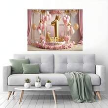 Phông nền "Chúc mừng sinh nhật lần thứ nhất" màu xanh dương và hồng có thể tùy chỉnh với bóng bay màu xanh nhạt, gấu bông, hoa hồng, hộp quà lấp lánh màu vàng và thiết kế khinh khí cầu - Hoàn hảo cho sinh nhật lần thứ nhất, tiệc mừng em bé, chụp ảnh kỷ niệm sinh nhật và làm phông nền chụp ảnh. Banner bằng vinyl - Nhiều màu - Xem 8