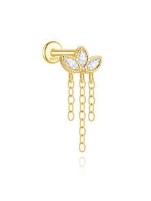 1pc 925 Sterling Silver Flat Back Ear Cuff Earring With Chain & Diamond Stud Earring, Ear Cartilage Earring, Ear Lobe Earring, Ear Cuff Earring For Women, Gift - Gold - View 26