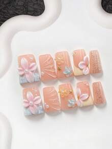10片装温柔花卉手工美甲套装，亚克力压制美甲片，小花朵和海星美甲装饰，手工花瓣美甲装饰，蓝色闪光指甲油，梦幻春日美甲，包含美甲工具（1张果冻贴纸+1把指甲锉），3种尺寸可选：杏仁形、鸭嘴形、棺材形，适合派对、日常佩戴、拍照、春夏通勤等场合。 - 彩色 - 查看 12