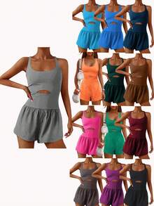 Women's Sleeveless Halter Active Jumpsuit, Summer One Piece Workout Romper With Built-In Padded Bra For Gym & Running - Light Grey - View 1