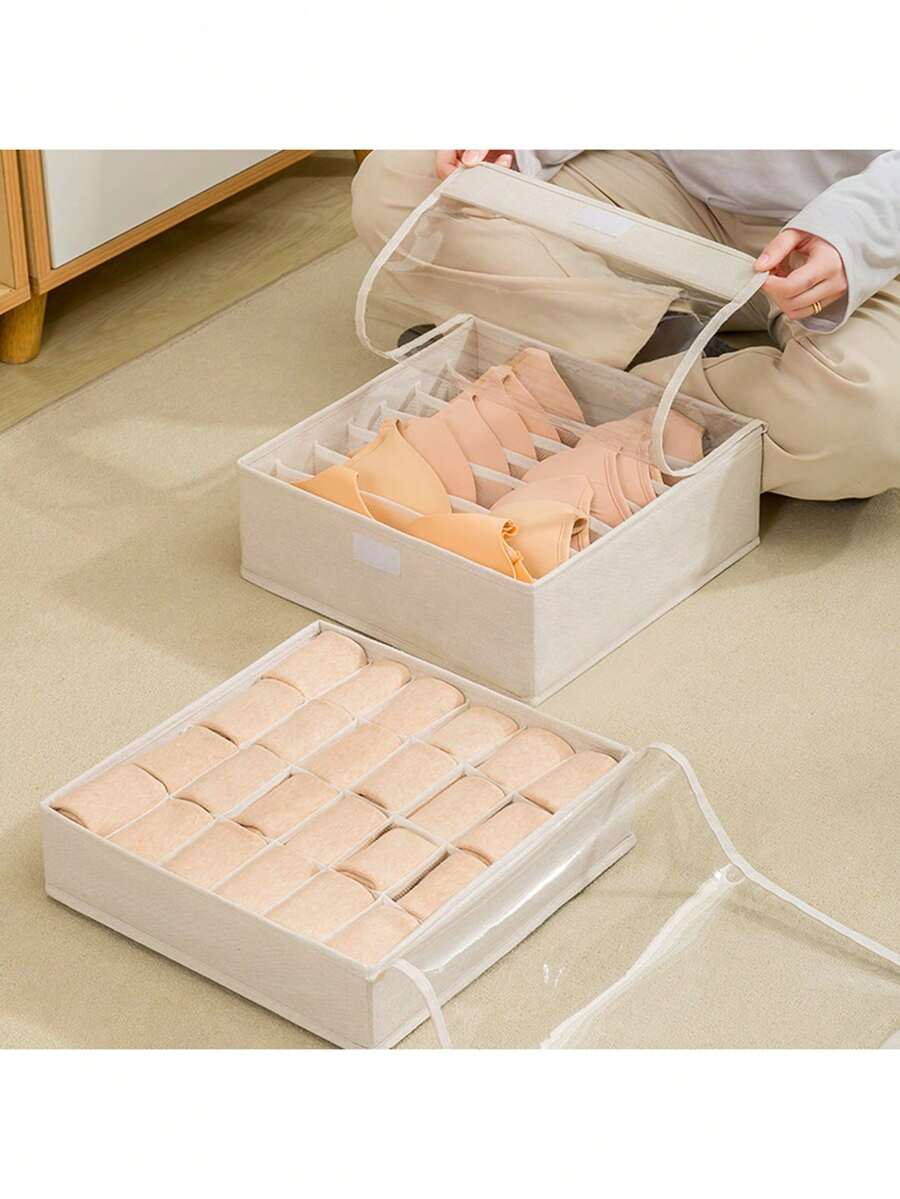 1个装，袜子收纳盒，内衣裤收纳盒，家用收纳盒，宿舍抽屉式布艺隔层收纳盒，衣柜整理收纳 - 米色 - 查看 1