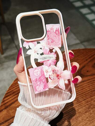 1pc Pink Lily Flower & Tarot Card Pattern Acrylic Transparent Phone Case, Suitable Compatible With Iphone 17/16 Pro, New 17/16 Magnetic Case, Galaxy S23/24, S15 Pro/14 Pro, Anti-Fall Silicone Hard Shell