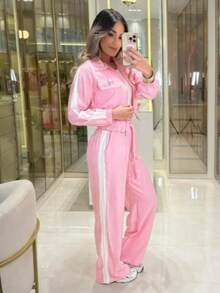 Women's Two-Piece Set: Long-Sleeved Jacket And Wide-Leg Pants - 淺粉色 - 查看 2