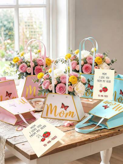 Bộ túi giấy đựng quà hoa văn dành cho Ngày của Mẹ, có quai xách và hộp đựng bó hoa trang trí, thích hợp để trưng bày hoa, làm quà tặng Ngày của Mẹ, sinh nhật và kỷ niệm.