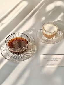 1 Bộ tách và đĩa thủy tinh sọc tối giản kiểu Châu Âu, tách và đĩa tráng miệng trà chiều tinh tế, tách thủy tinh nghệ thuật latte độc đáo, tách sữa ăn sáng tại nhà, tách nước văn phòng, tách và đĩa đựng nước có ga. - trong suốt - Xem 3