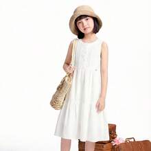 Annil [Đầm cotton lanh ngọt ngào và mát mẻ] Đầm chữ A mùa hè cho bé gái - Tươi mát, năng động, thoáng khí, thoải mái, ngọt ngào, nhẹ nhàng, dáng midi. - Trắng nhạt - Xem 12