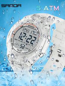 SANDA 6289 Relojes electrónicos impermeables para hombres, multifuncionales, con LED luminoso, alarma, cronómetro y pantalla digital - Blanco - Ver 2