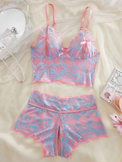 Women's Sexy Lingerie Set, Floral Print Sheer Lingerie, Transparent Bow Bra And Alluring Thong