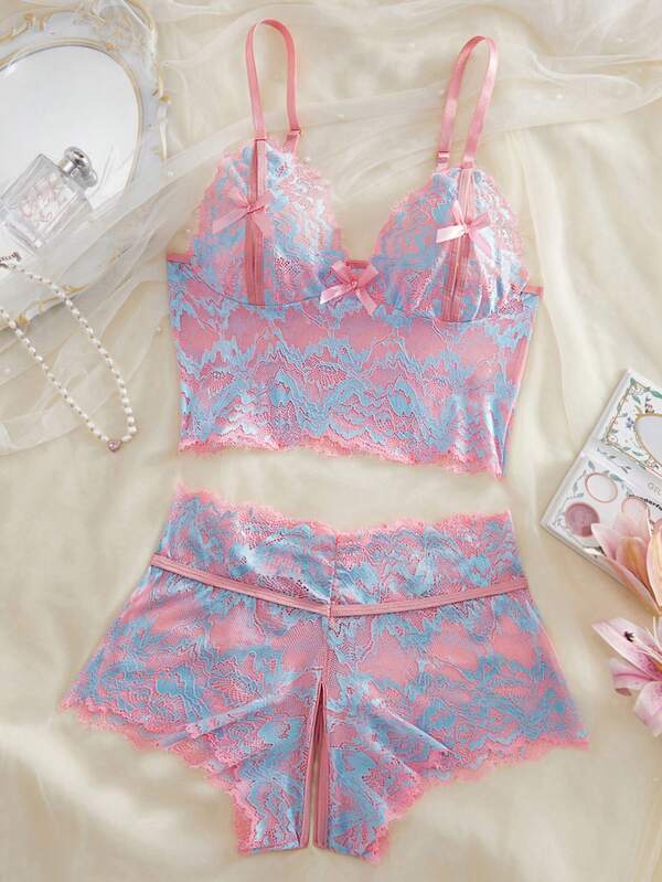 Conjunto de lencería sexy para mujer, lencería transparente con estampado floral, sujetador transparente con lazo y tanga seductor