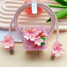 5pcs/Set 3D Floral Cartoon 1.5M Data Cable Protector Winder, Compatible With Apple 20W/18W Charger,  Fast Charging Cable Soft Case Cover Charger Protector - 粉色 - 查看 6