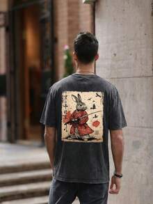 T-Shirt With Japanese Samurai Rabbit Art Print, Casual Men's Top With Crew Neck, Stylish Japanese Style For Streetwear - Black - View 2