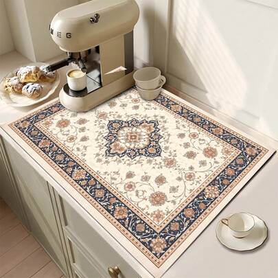 1pc Classic Floral Print Absorbent Drying Mat, Kitchen Decor Coffee Machine Mat, Handmade Coffee Pot Draining Pad, Kitchen Floor Mat, Dining Table Mat, Kitchen Counter Dish Drying Mat, Breakfast Mat, Heat-Resistant Anti-Slip Draining Mat, Diatomite Draining Mat, Hides Stains, Super Absorbent Kitchen Mat, Easy To Clean Dish Rack Mat, Suitable For Kitchen, Dining Table, Coffee Shop, Bar, Holiday, Party, Home Decor, Holiday Gift