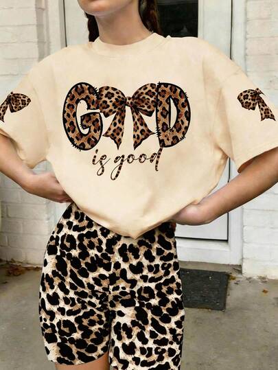 2pcs/Set Leopard Print & Bow Decor Short Sleeve T-Shirt And Leopard Print Shorts For Teenage Girls, Casual Loose Sporty Style Short Sleeve Round Neck Tee, Perfect Summer Gift For School And Outdoor Wear, Spring/Summer
