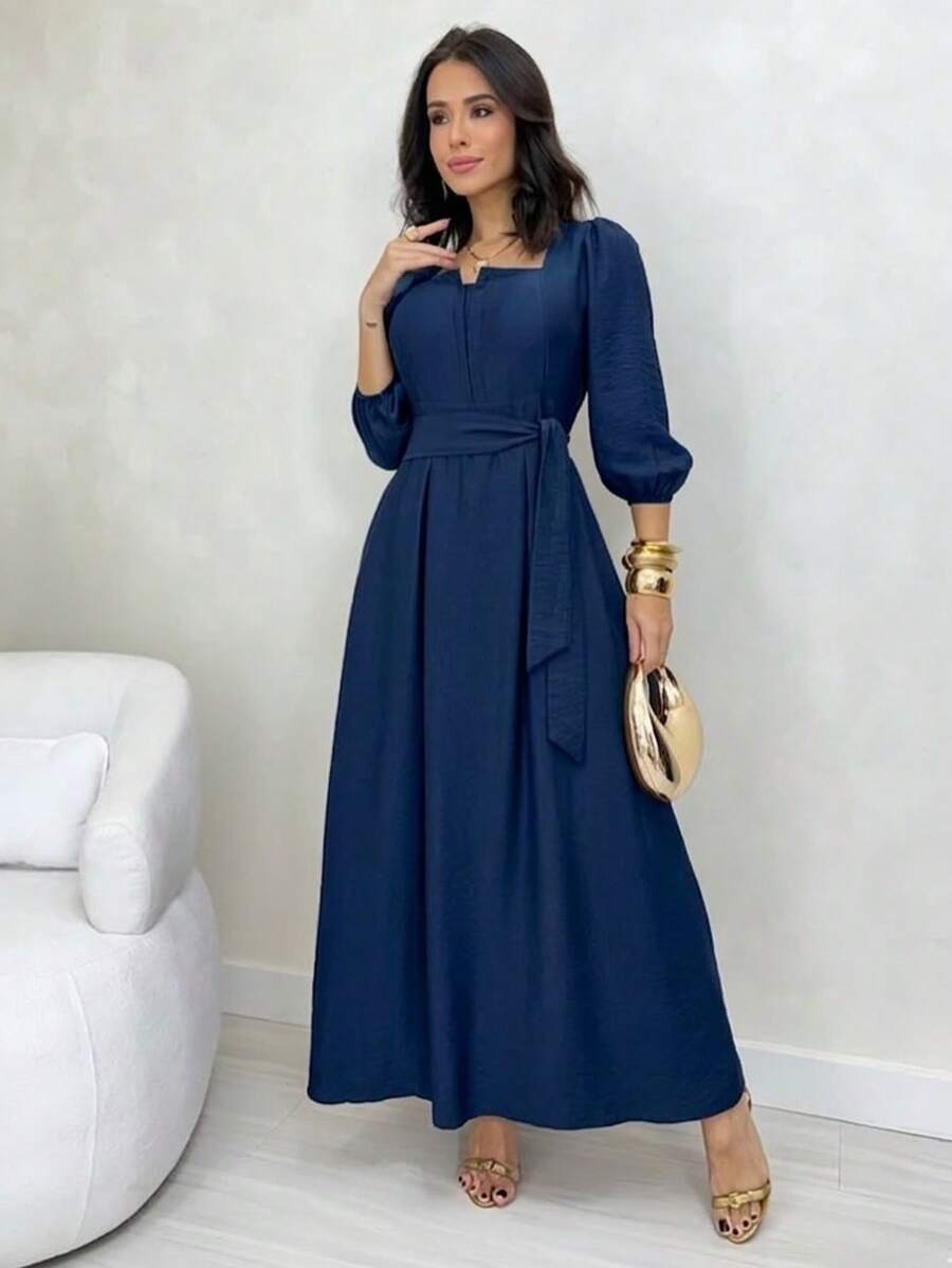 Mirella Long Dress • Winter Style • Square Neckline With Unique Front Opening And Buttons • 3/4 Puff Sleeves With Elastic • Adjustable Belt • Defined Waist • Flowing A-Line Silhouette - 藏蓝色 - 查看 1