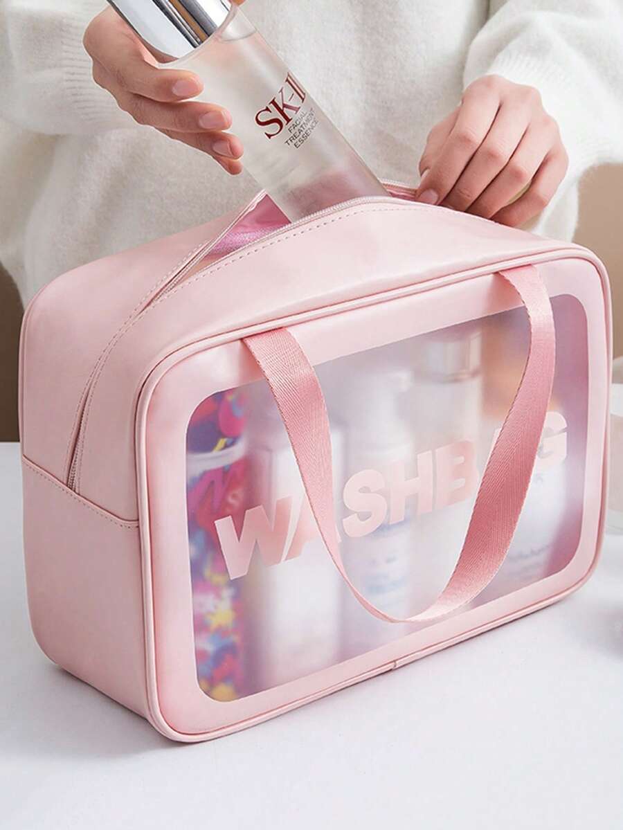 1pc PVC Transparent Large Capacity Cosmetic Bag, PU Waterproof Portable Toiletry Bag, Women's Handheld Travel Organizer, Pink
