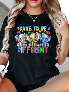 1pc Camiseta de Talla Grande para Mujeres con Gráfico de Elefante Colorido, Top Casual de Cuello Redondo y Manga Corta, Tejido de Poliéster, Ajuste Cómodo para Todas las Estaciones - Negro - Ver 1