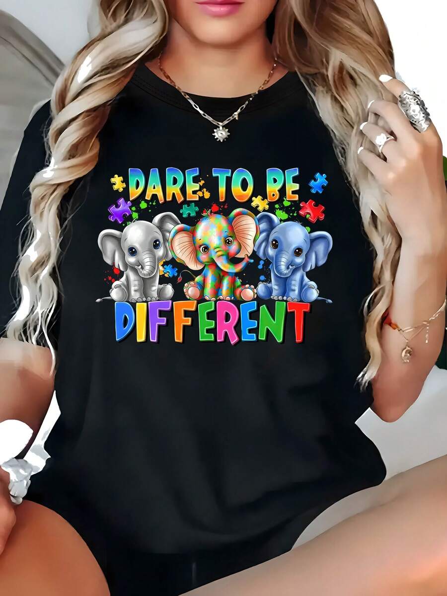 1pc Camiseta de Talla Grande para Mujeres con Gráfico de Elefante Colorido, Top Casual de Cuello Redondo y Manga Corta, Tejido de Poliéster, Ajuste Cómodo para Todas las Estaciones - Negro - Ver 1