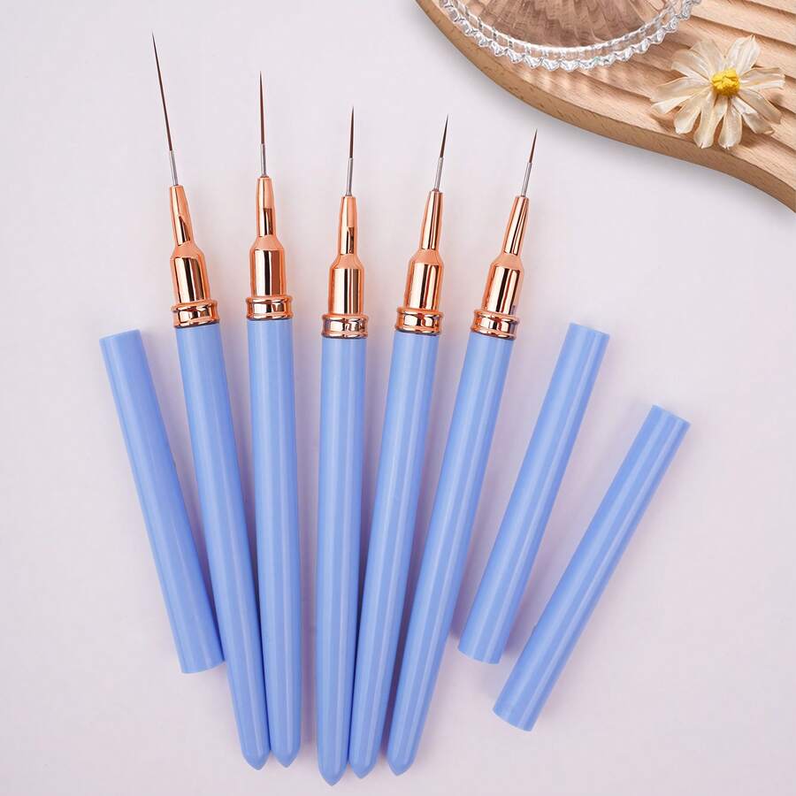 5支装专业美甲细节勾线笔套装，5支小型美甲设计技巧细线笔，7/9/11/15/20毫米短笔长美甲绘画笔 - 藍色 - 查看 1