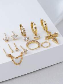 10pcs Elegant Cubic Zirconia Inlaid Cross Pendant Necklace & Earrings Set, Suitable For Women To Wear At Birthday Parties, Music Festivals And Layer - Yellow Gold - View 3