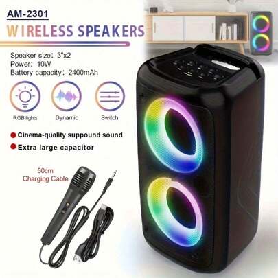 AM-2301 无线立体声扬声器，便携式低音炮扬声器，带 RGB 环境灯，高品质音响系统，适合家庭聚会、生日派对、户外露营