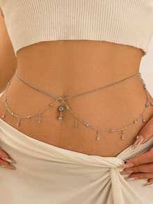1pc Fashion Sexy Beach Tassel Faux Crystal Waist Chain Belly Button Ring Body Chain, Versatile Minimalist Crystal Tassel Belly Button Ring Waist Chain Body Jewelry, Suitable For Women's Daily Wear And Exclusive Banquet (Handmade, Crystal Quantity Random) - Silver - View 1