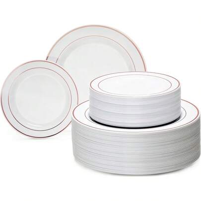 1 pieza Vajilla con base blanca y borde dorado rosa, bandeja de comida, plato para ensalada de frutas, plato de cena, plato de servir ensalada reutilizable y lavable, adecuado para decoración de bodas, decoración navideña, fiestas de cumpleaños, reuniones familiares, actividades al aire libre, escuelas, restaurantes y suministros para fiestas en la cocina, regalo estacional para el hogar y la escuela