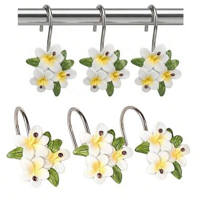 12pcs Spring Floral Theme White Plumeria Pattern Decorative Shower Curtain Hooks, White Flower Decor Shower Curtain Rings, Rust-Proof Metal Shower Curtain Rod Rings, Suitable For Bathroom Decor