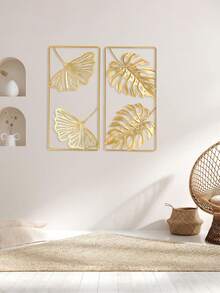 2pcs Metal Wall Decor, Sturdy Iron Ginkgo Leaf Wall Sculpture, Gold Modern Leaf Wall Hanging With Frame Suitable For Living Room, Office, Study, Home, Bedroom, Hotel Wall Decoration - Gold - View 4