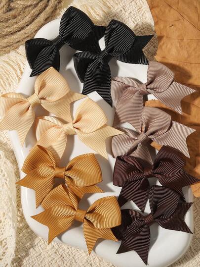 10pcs/Pack Solid Color Ribbed Bow Hair Clips, For Children