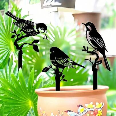 Acrylic Bird Shaped Planter, Black Color Garden Decor Ornament For Potted Plants